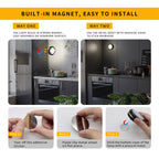 BUILT-IN MAGNET, EASY TO INSTALL. This image shows two simple installation methods: direct magnetic adhesion or using an adhesive metal sheet (with three steps) to stick the light anywhere.