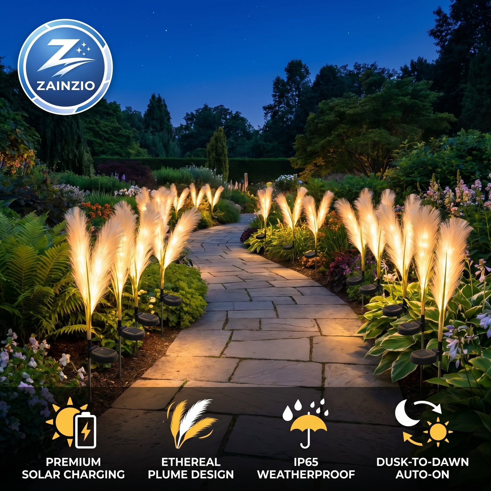 Garden pathway illuminated by Zainzio solar lights with product features displayed.