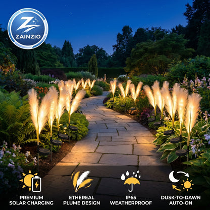 Garden pathway illuminated by Zainzio solar lights with product features displayed.