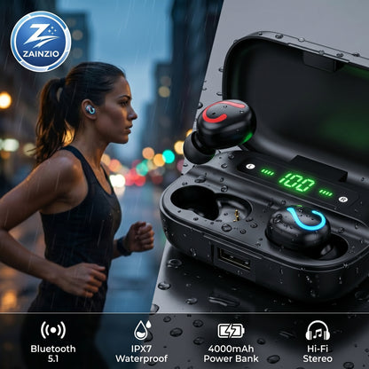 Zainzio TWS Bluetooth 5.1 Earbuds – IPX7 Waterproof & 4000mAh Case