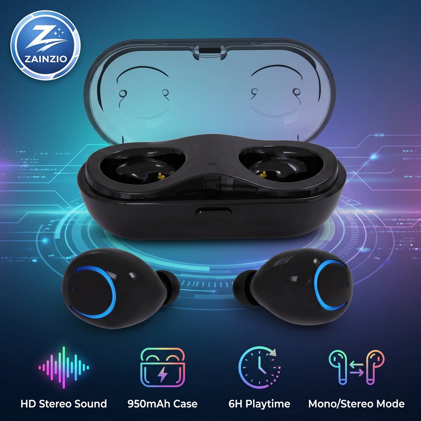 Zainzio TWS Wireless Stereo Earbuds – HD Sound, 950mAh Case