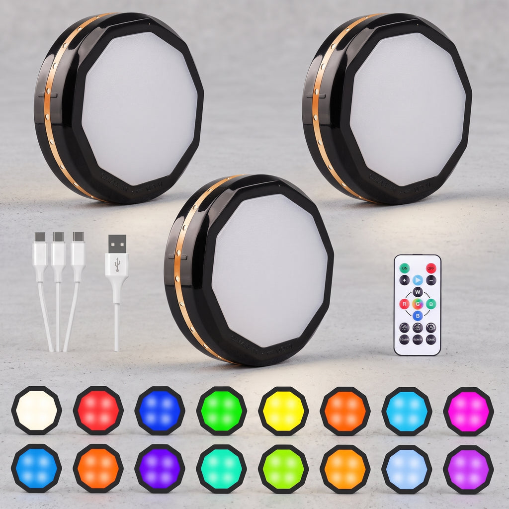 Three octagonal LED light panels with black and rose gold trim, shown with a USB charging cable, a wireless remote control, and a row of color indicator icons at the bottom. The panels are displayed on a light gray textured background.
