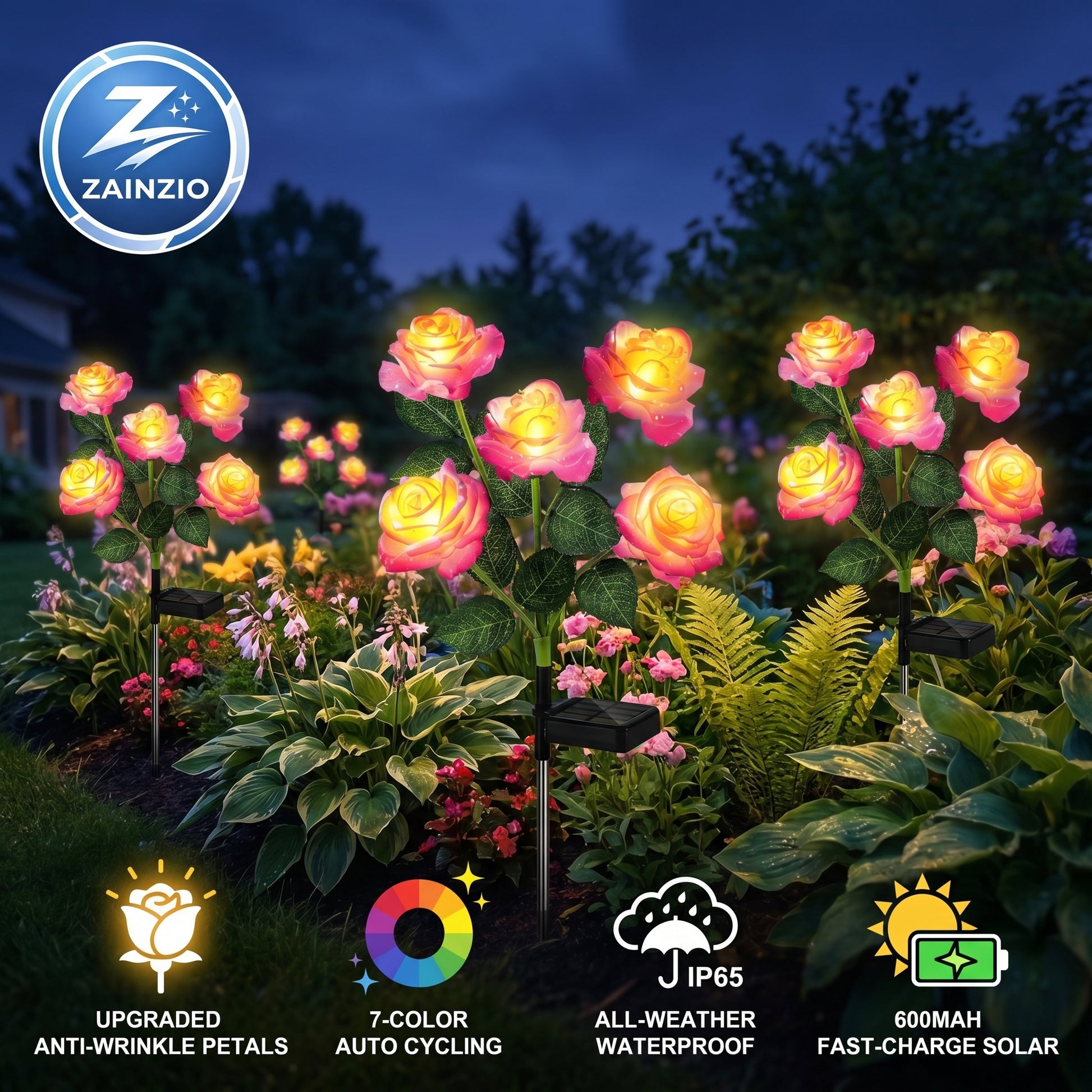 Solar garden lights shaped like roses with Zainzio branding and features listed.