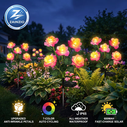 Solar garden lights shaped like roses with Zainzio branding and features listed.