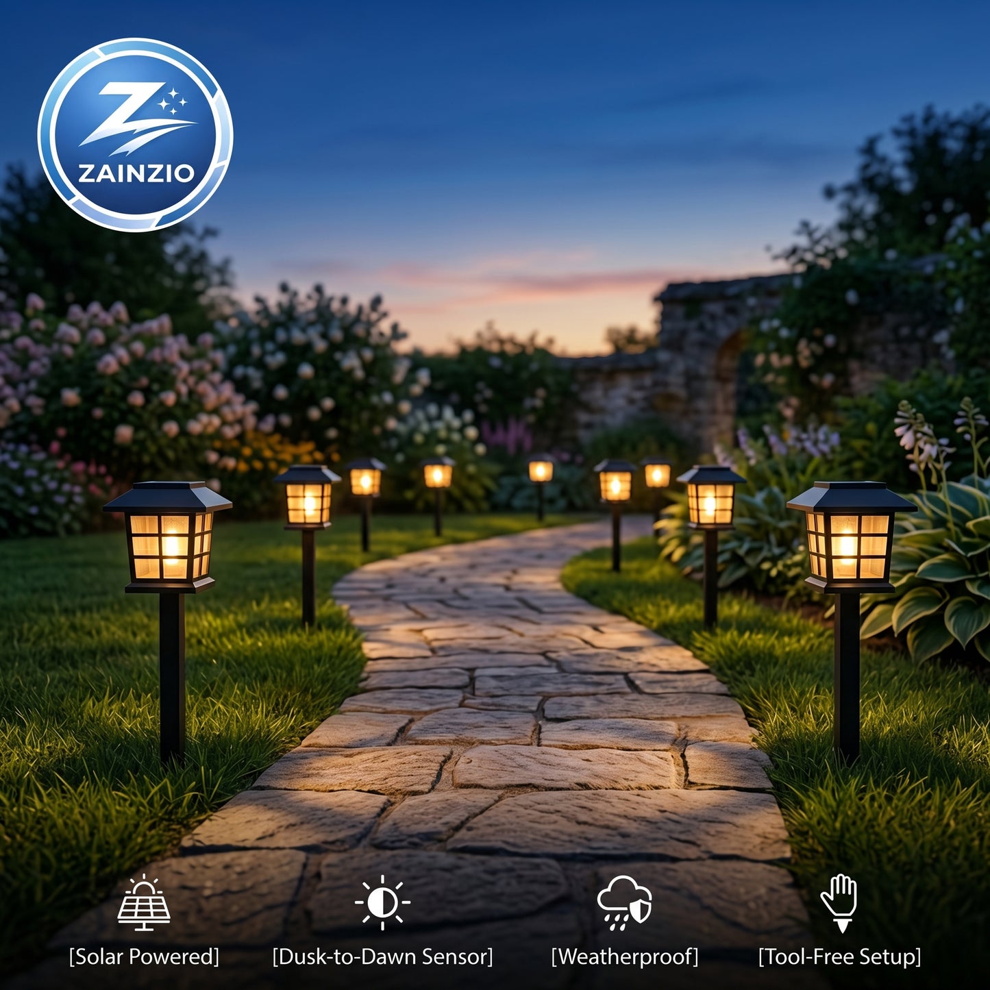 Garden pathway with solar-powered lanterns illuminating the area, featuring the Zainzio brand.