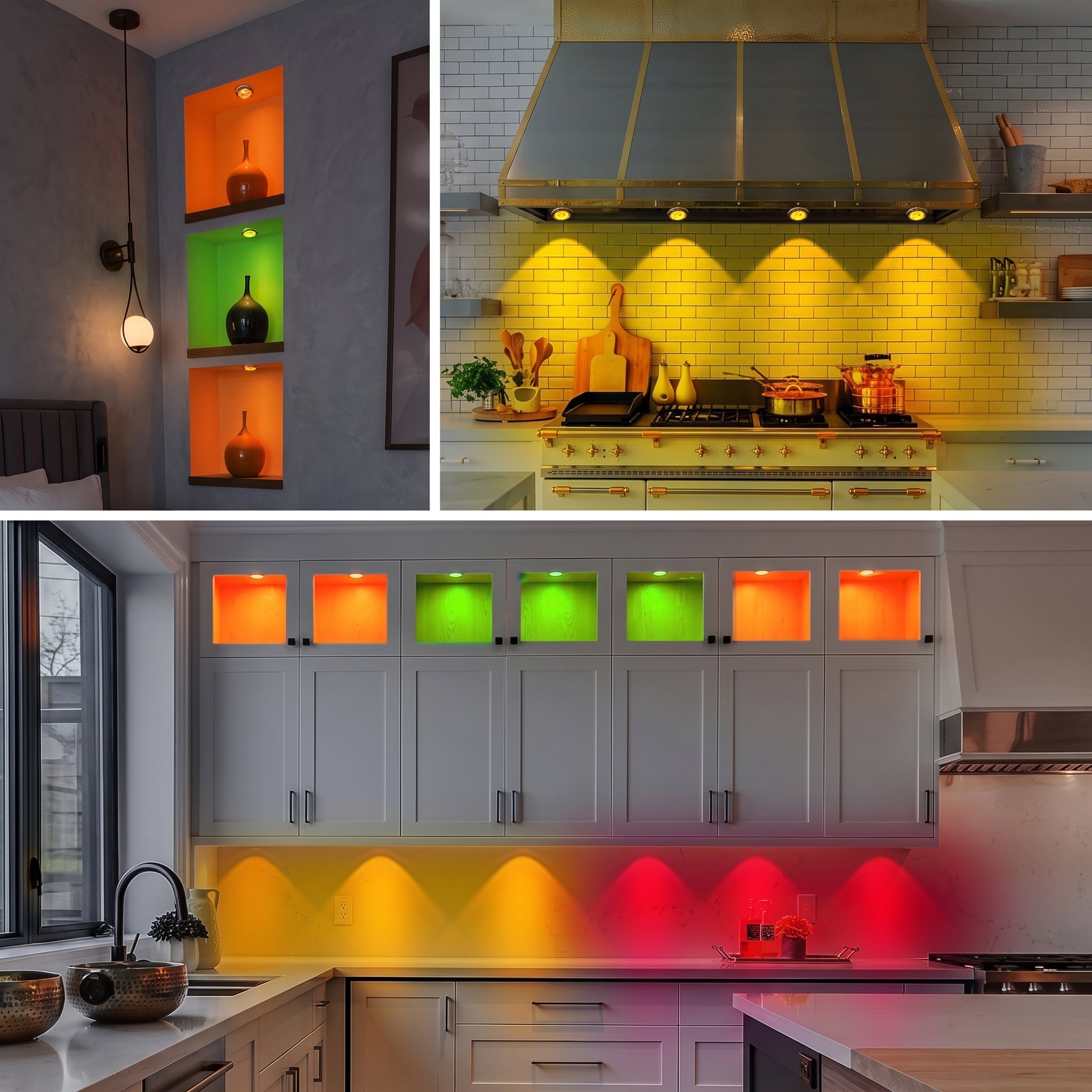Three scenes demonstrate Zainzio RGB puck lights, illuminating shelves and under cabinets with vibrant orange, green, yellow, and red hues.