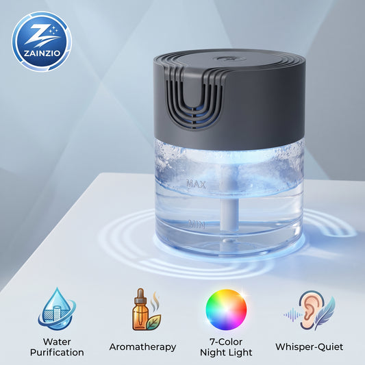 Zainzio humidifier with water in it on a white surface, featuring icons for water purification, aromatherapy, 7-color night light, and whisper-quiet operation.