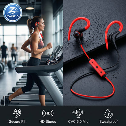 Woman running on a treadmill with wireless earbuds on a black surface, featuring Zainzio branding.