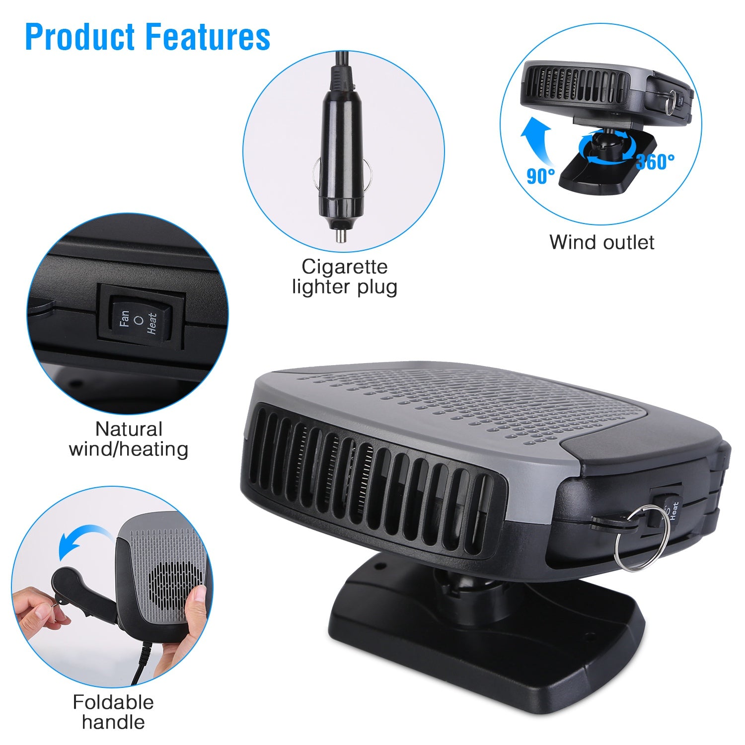 Product Features: An image detailing a car heater's wind outlet, cigarette lighter plug, natural wind/heating switch, and foldable handle.