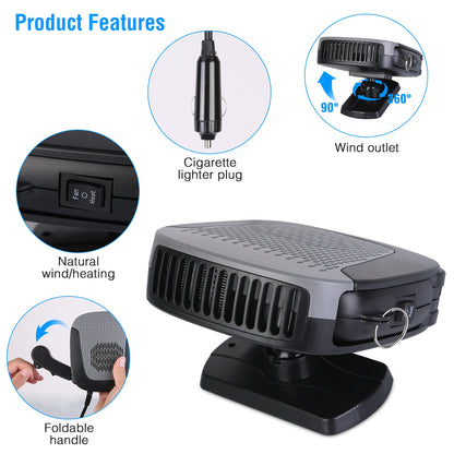 Product Features: An image detailing a car heater's wind outlet, cigarette lighter plug, natural wind/heating switch, and foldable handle.