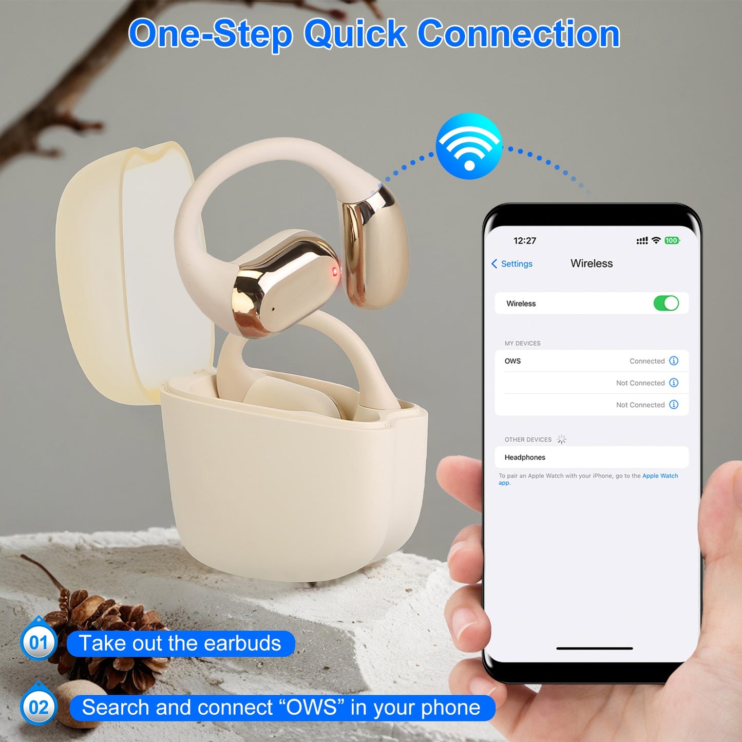 Open Ear Earbuds, Bluetooth 5.4, Zainzio Audio, Sport Headphones, Waterproof Earbuds, Running Headphones, LED Power Display