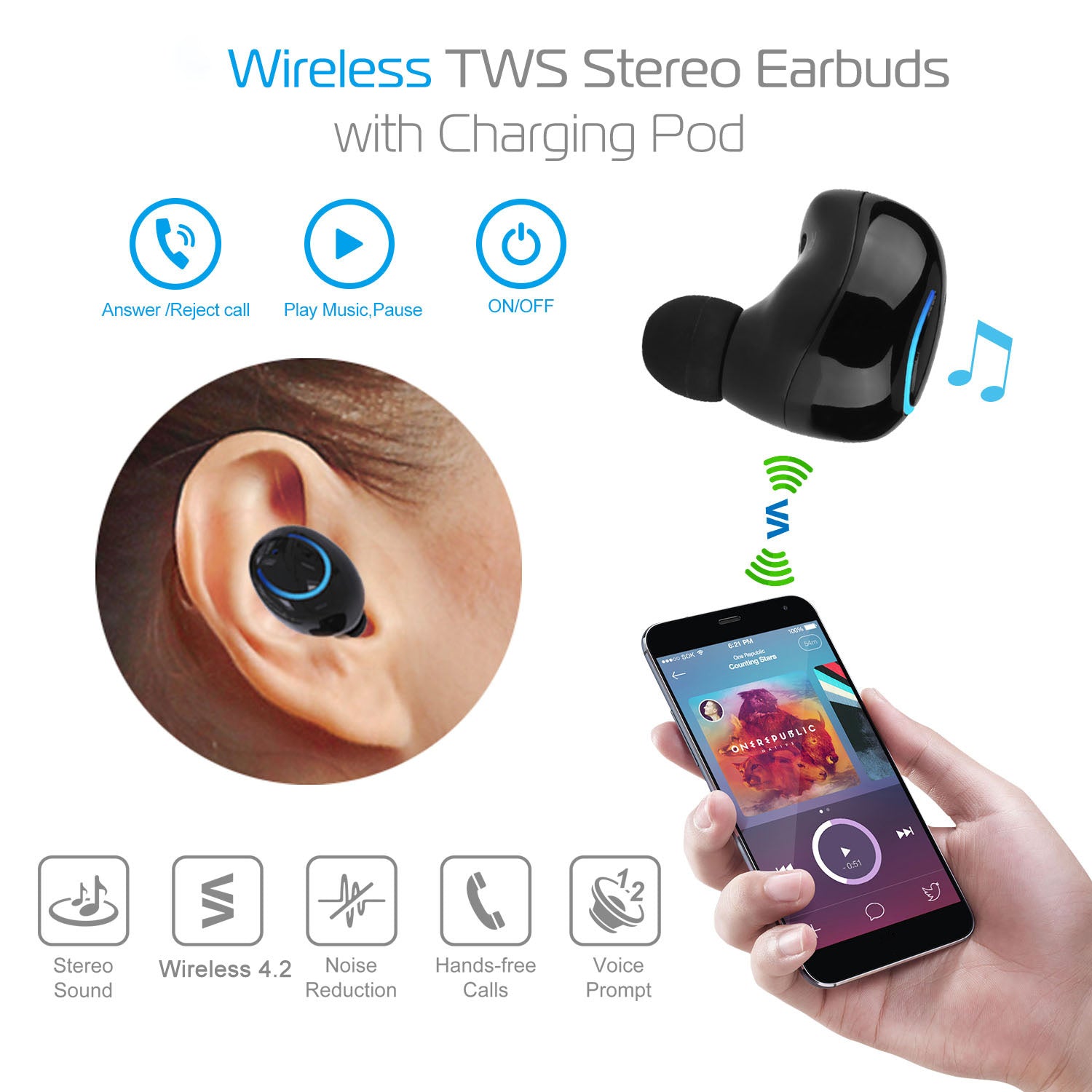 TWS Wireless Earbuds, Bluetooth Stereo Headphones, Zainzio Audio, Noise Reducing Earbuds, Portable Charging Pod, Hands-free Earphones, White TWS Earbuds