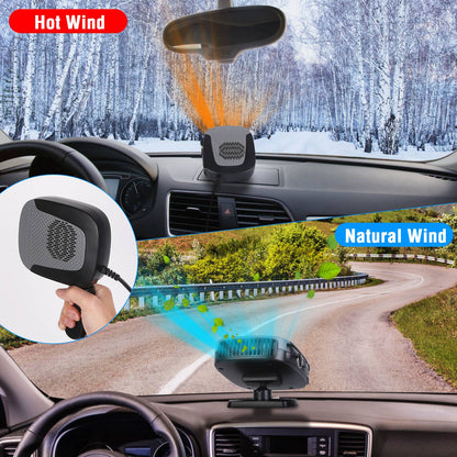 A car dashboard view demonstrating a portable device, showcasing "Hot Wind" for winter warmth and "Natural Wind" for cooling, with a close-up of the device.