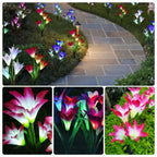 Colorful tulip-shaped garden lights on a stone pathway with close-up details.