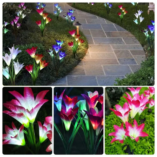 Colorful tulip-shaped garden lights on a stone pathway with close-up details.