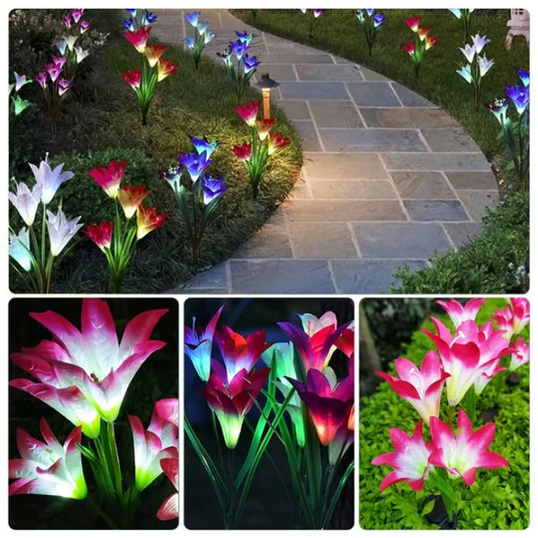 Colorful tulip-shaped garden lights on a stone pathway with close-up details.