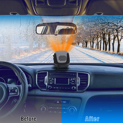 A car dashboard displays a portable defroster. The windshield is frosted on the left ("Before") and clear on the right ("After"), showcasing its defogging function.