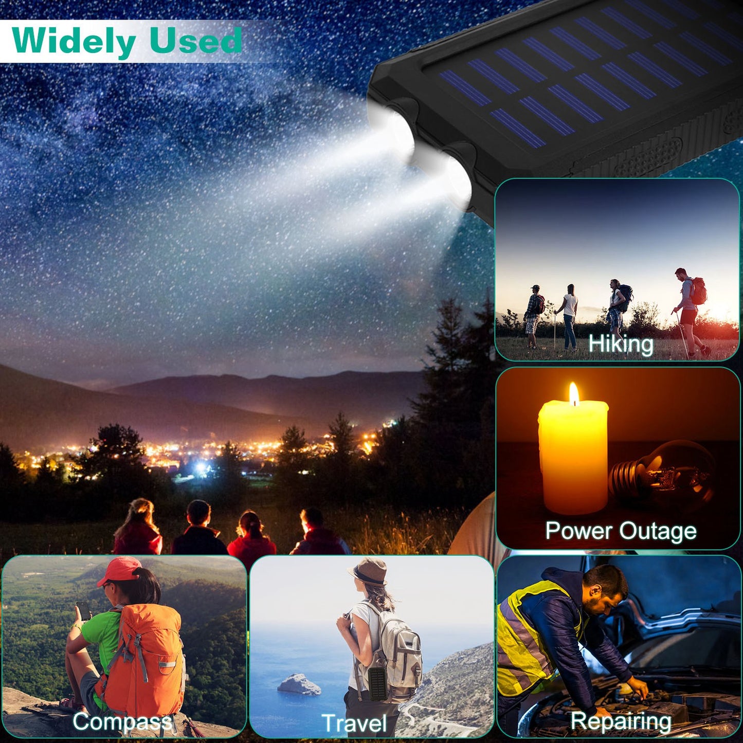 Solar Power Bank, Outdoor Portable Charger, Zainzio Survival, Camping Power Pack, Dual USB Charger, Compass Power Bank, SOS LED Flashlight