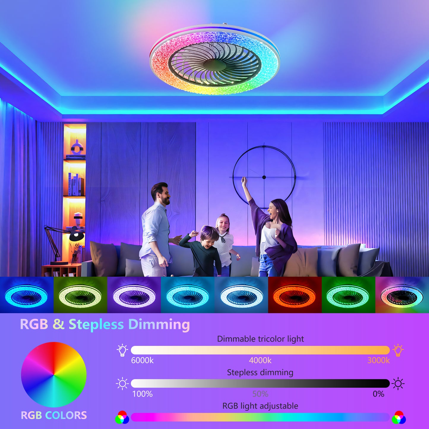 Ceiling light fixture with RGB color options and dimming controls in a room setting.