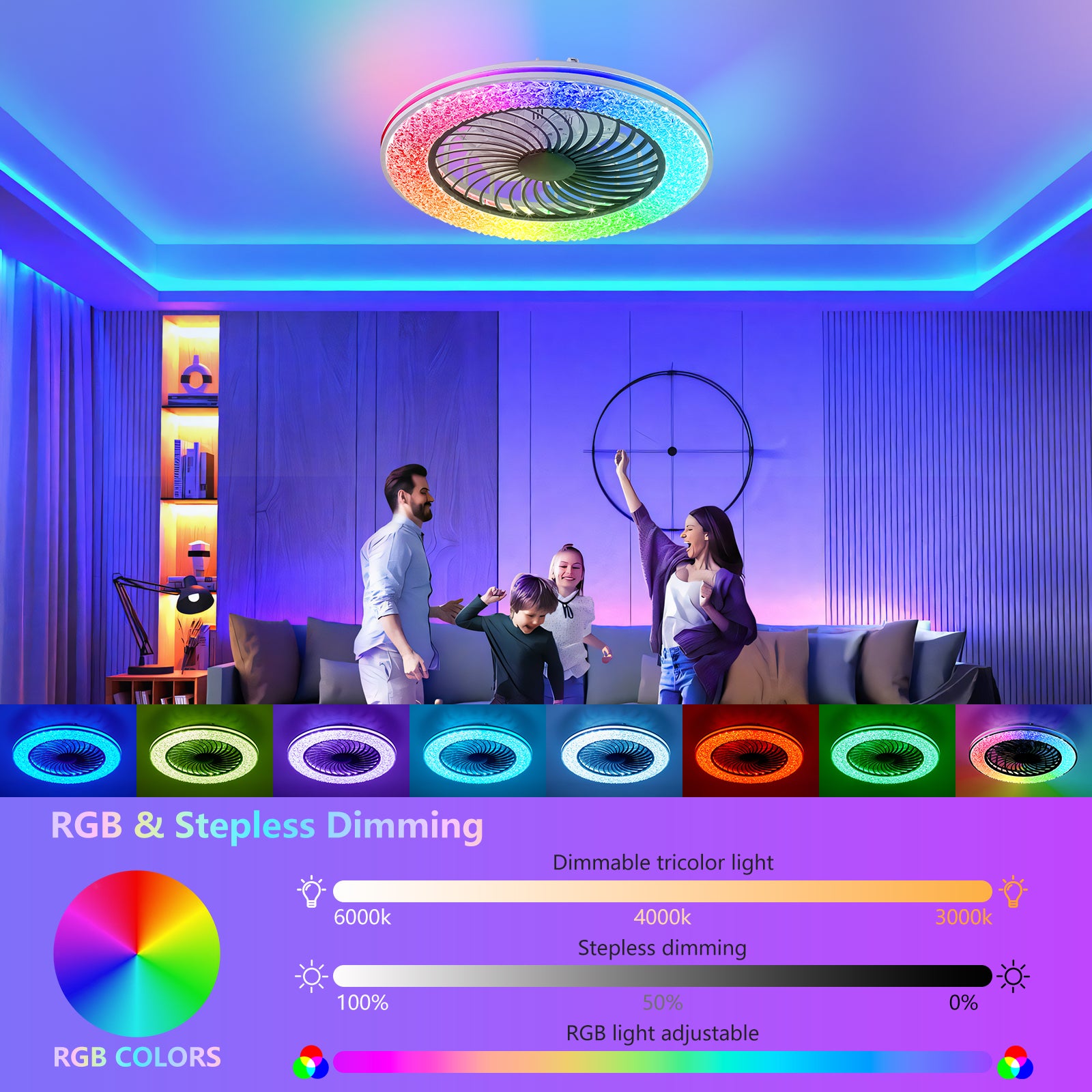 Ceiling light fixture with RGB color options and dimming controls in a room setting.