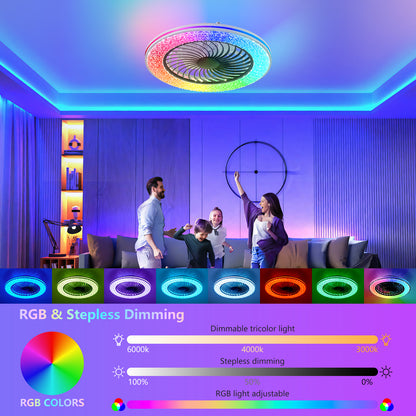 Ceiling light fixture with RGB color options and dimming controls in a room setting.