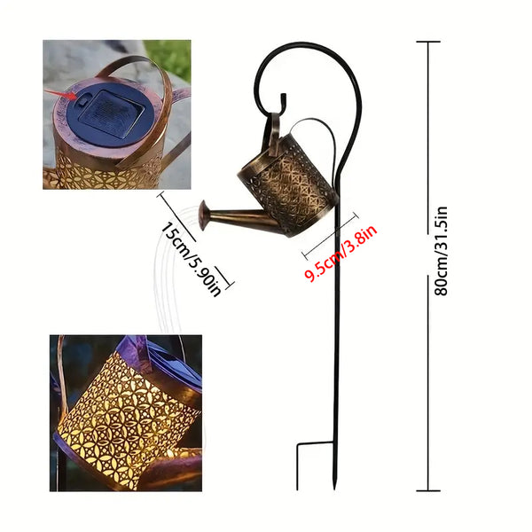 Solar-powered water faucet light with dimensions and close-up details on a white background