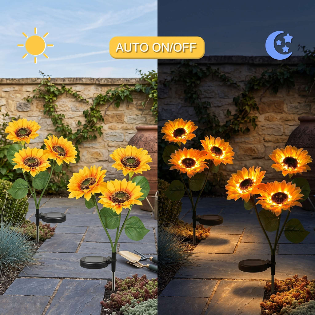 Solar-powered sunflower garden lights shown in a split daylight and dark night comparison. The left side shows unlit yellow and orange sunflowers with black solar discs on a stone patio.