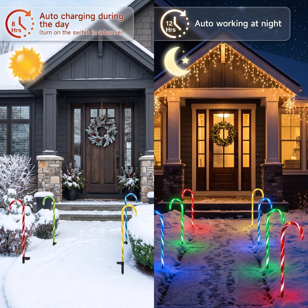 Demonstration of Zainzio solar candy cane lights featuring 8-hour automatic daytime solar charging and 12-hour nighttime illumination for holiday yards.