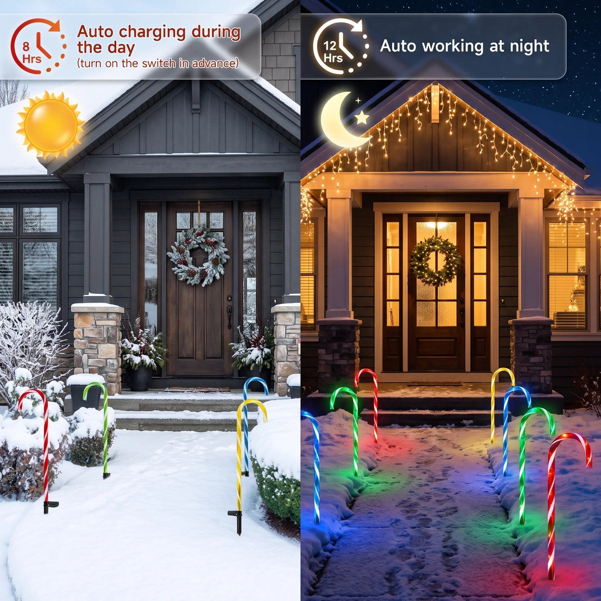 Demonstration of Zainzio solar candy cane lights featuring 8-hour automatic daytime solar charging and 12-hour nighttime illumination for holiday yards.