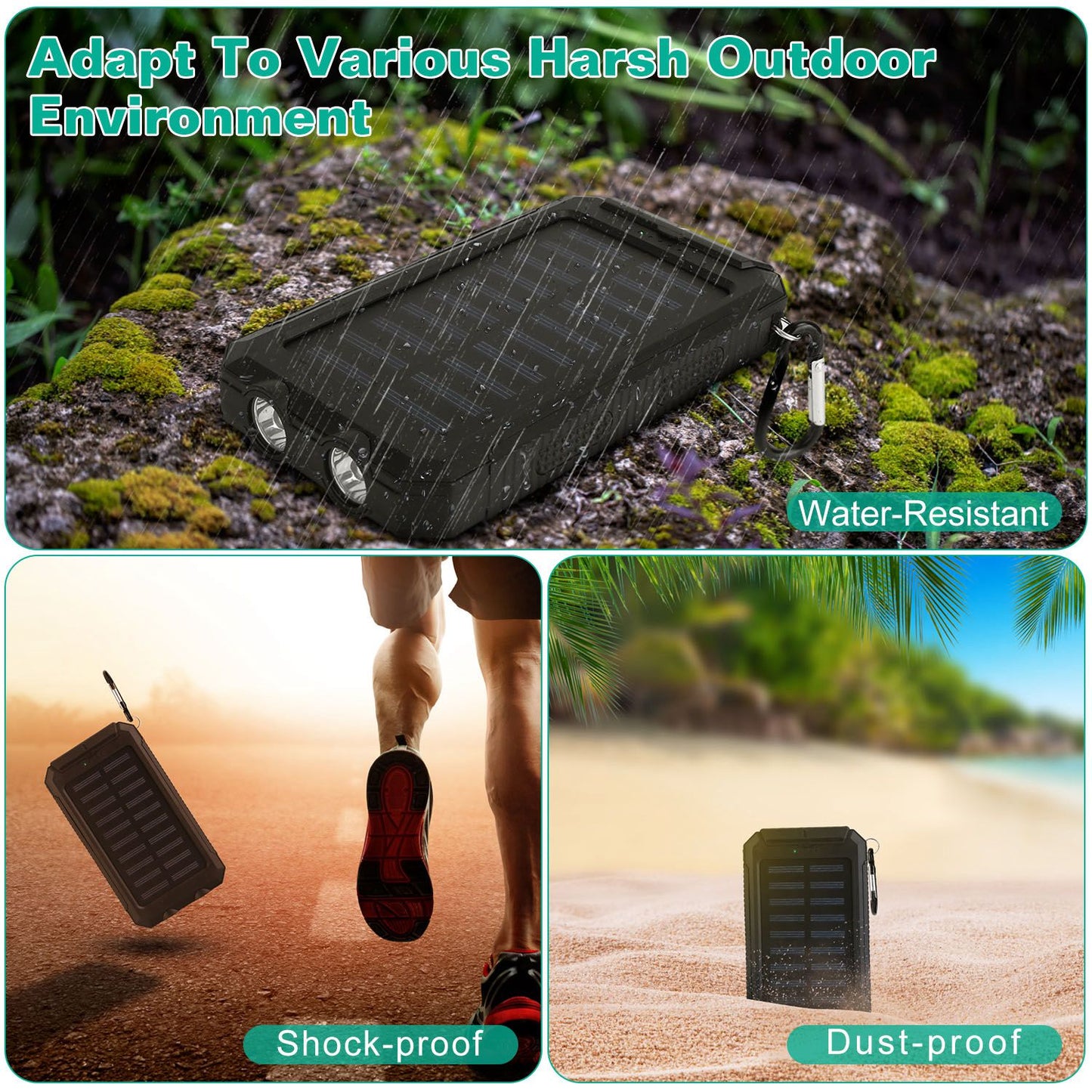 Solar Power Bank, Outdoor Portable Charger, Zainzio Survival, Camping Power Pack, Dual USB Charger, Compass Power Bank, SOS LED Flashlight