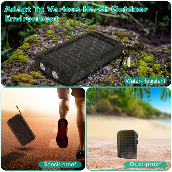 Solar Power Bank, Outdoor Portable Charger, Zainzio Survival, Camping Power Pack, Dual USB Charger, Compass Power Bank, SOS LED Flashlight