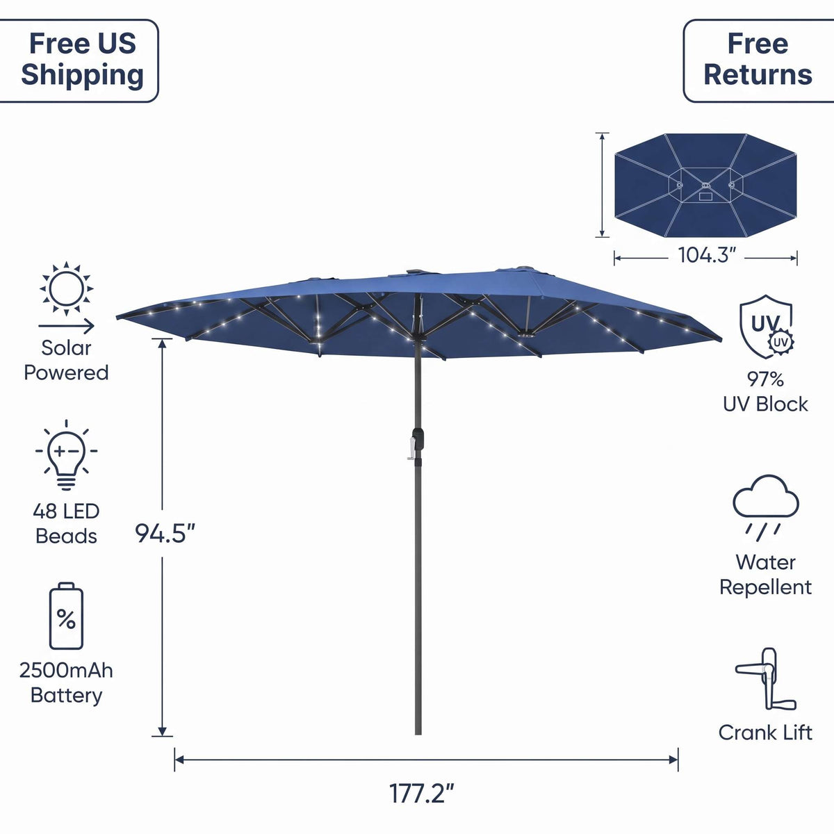 A navy blue patio umbrella with integrated LED string lights, shown on a white background with informational callouts for size (177.2 inches wide, 94.