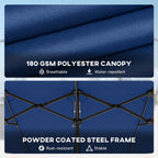 Blue canopy with text on material and frame features against a blue background