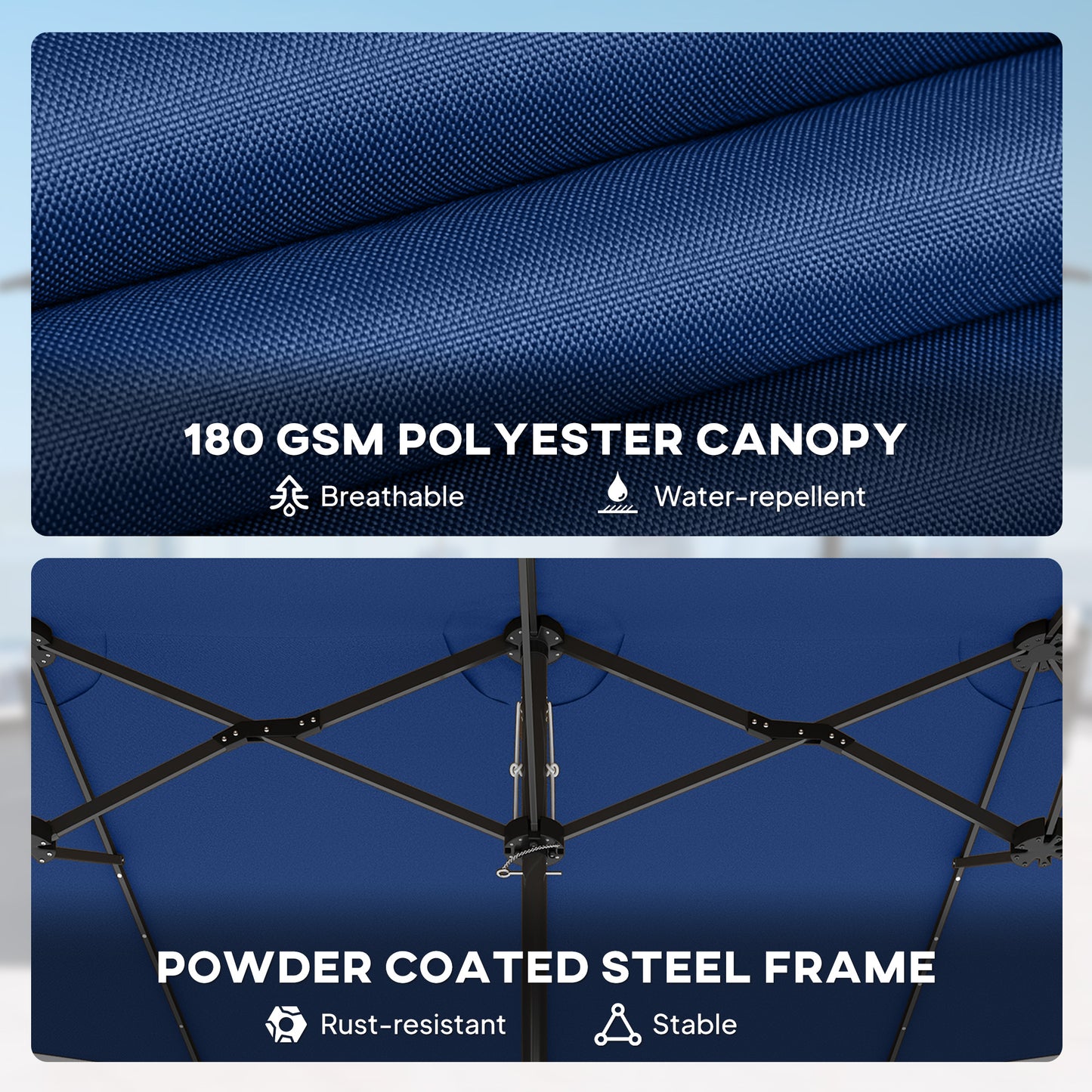 Blue canopy with text on material and frame features against a blue background