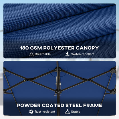 Blue canopy with text on material and frame features against a blue background