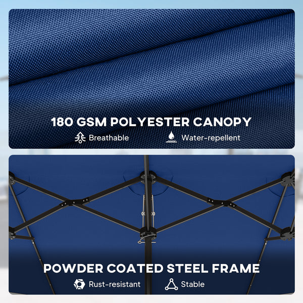 Blue canopy with text on material and frame features against a blue background