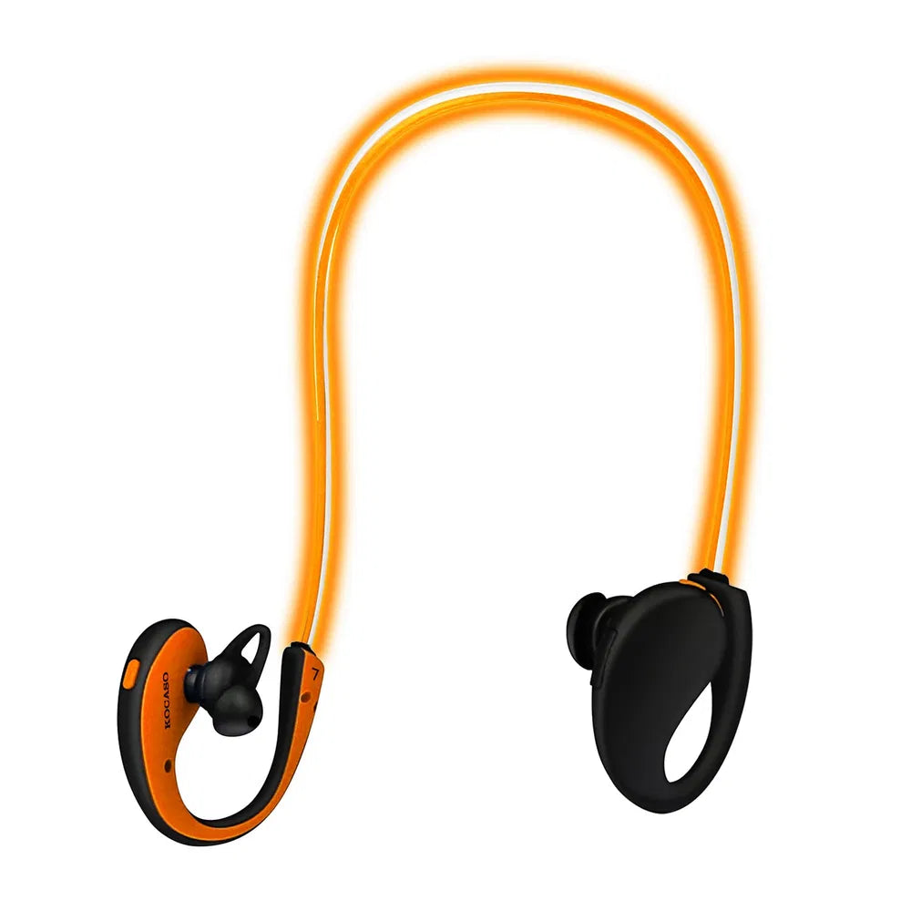 Orange and black wireless earbuds on a white background
