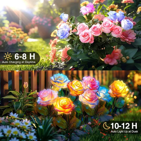 Colorful flower-shaped solar lights with charging and lighting duration text in a garden setting.