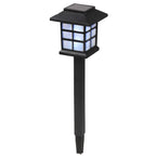 Solar-powered outdoor lamp with a black base and glass cover on a white background