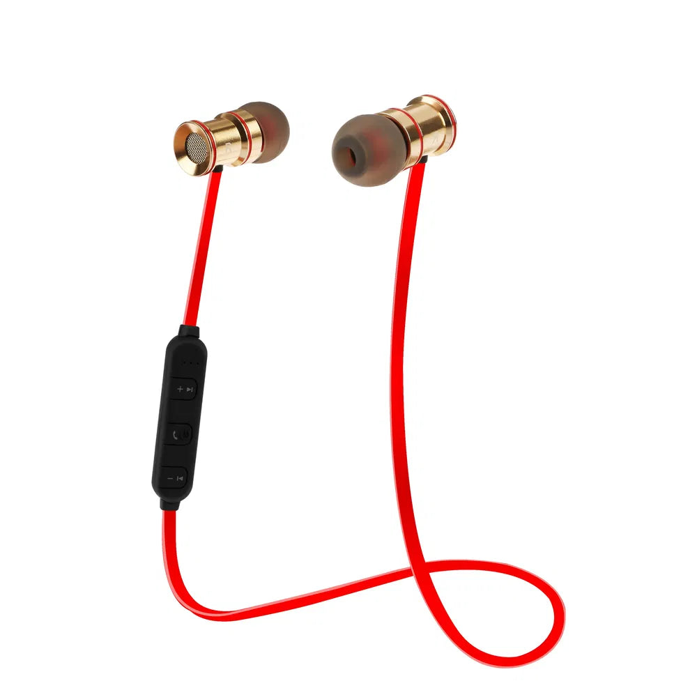 Wireless earbuds with a red cable on a white background