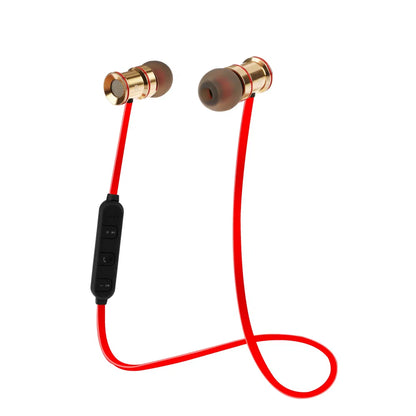Wireless earbuds with a red cable on a white background