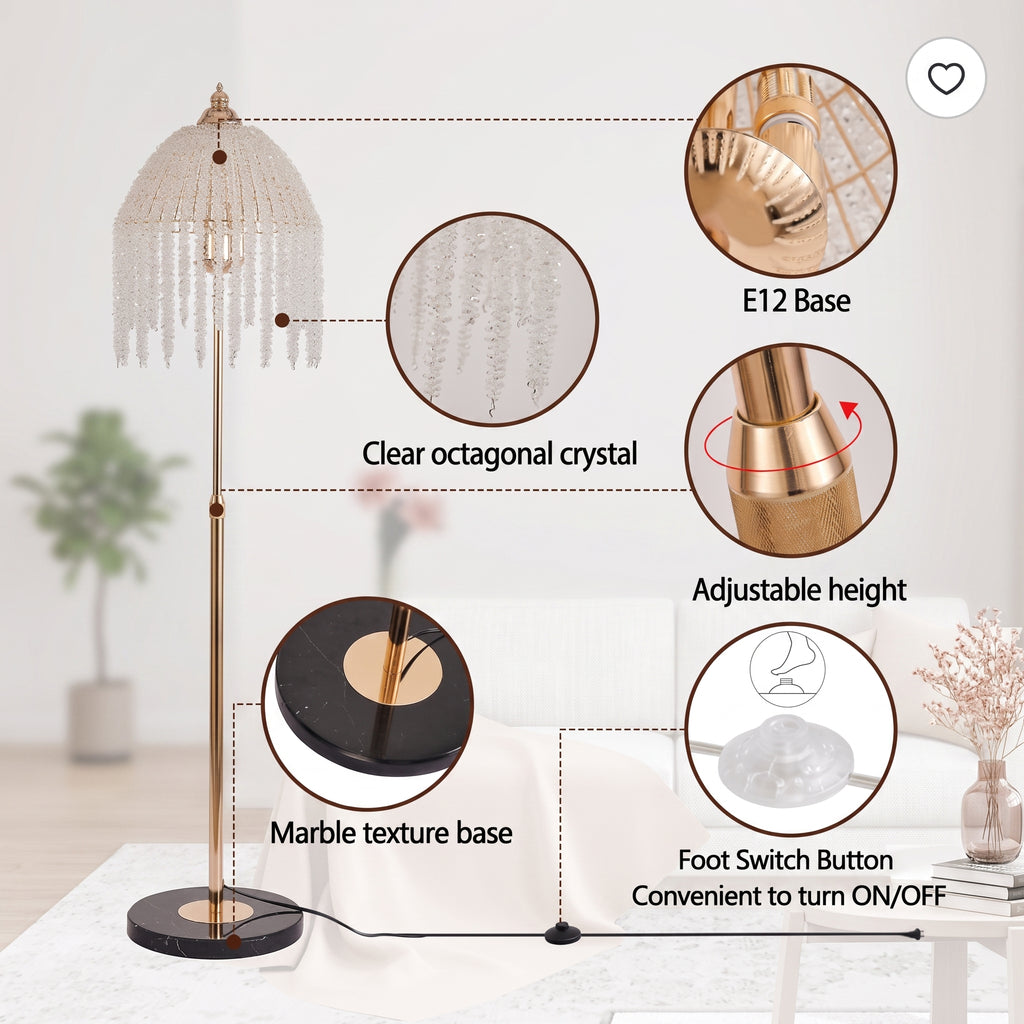 A floor lamp with a gold-toned metal frame, clear octagonal crystal shade, marble-texture black base, and foot switch button, shown with callout circles labeling features such as clear crystal, adjustable height, marble texture base, and E12 base.