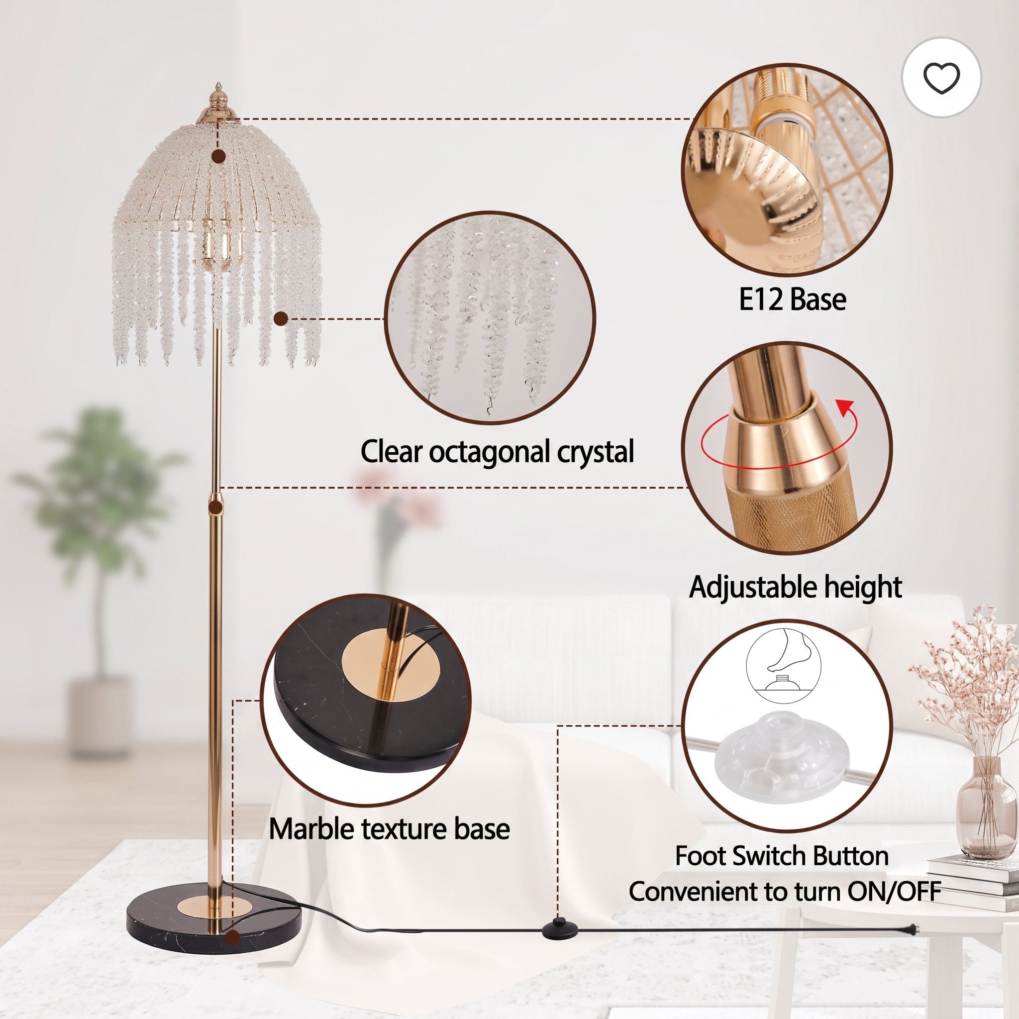A floor lamp with a gold-toned metal frame, clear octagonal crystal shade, marble-texture black base, and foot switch button, shown with callout circles labeling features such as clear crystal, adjustable height, marble texture base, and E12 base.