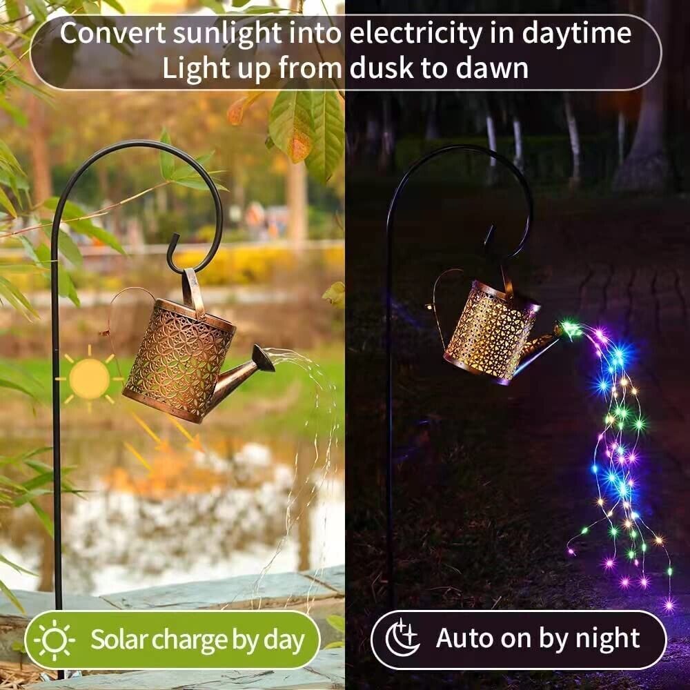 Solar-powered decorative light with watering can design during day and night.