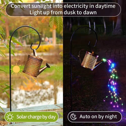 Solar-powered decorative light with watering can design during day and night.