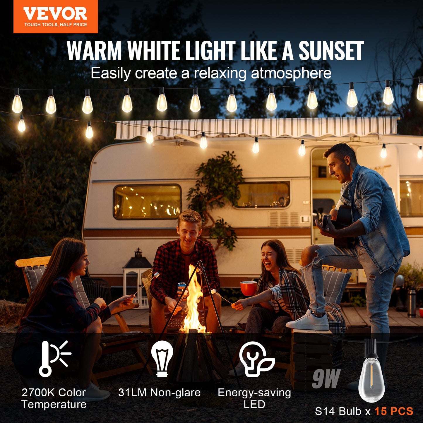 People around a campfire with VEVOR string lights and a caravan in the background