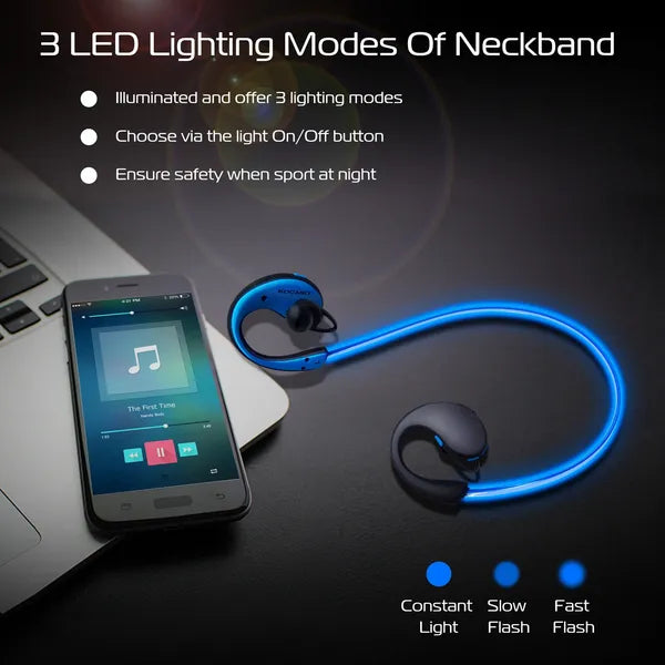 Neckband with blue LED lighting next to a smartphone on a dark surface