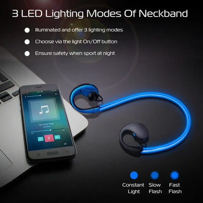 Neckband with blue LED lighting next to a smartphone on a dark surface