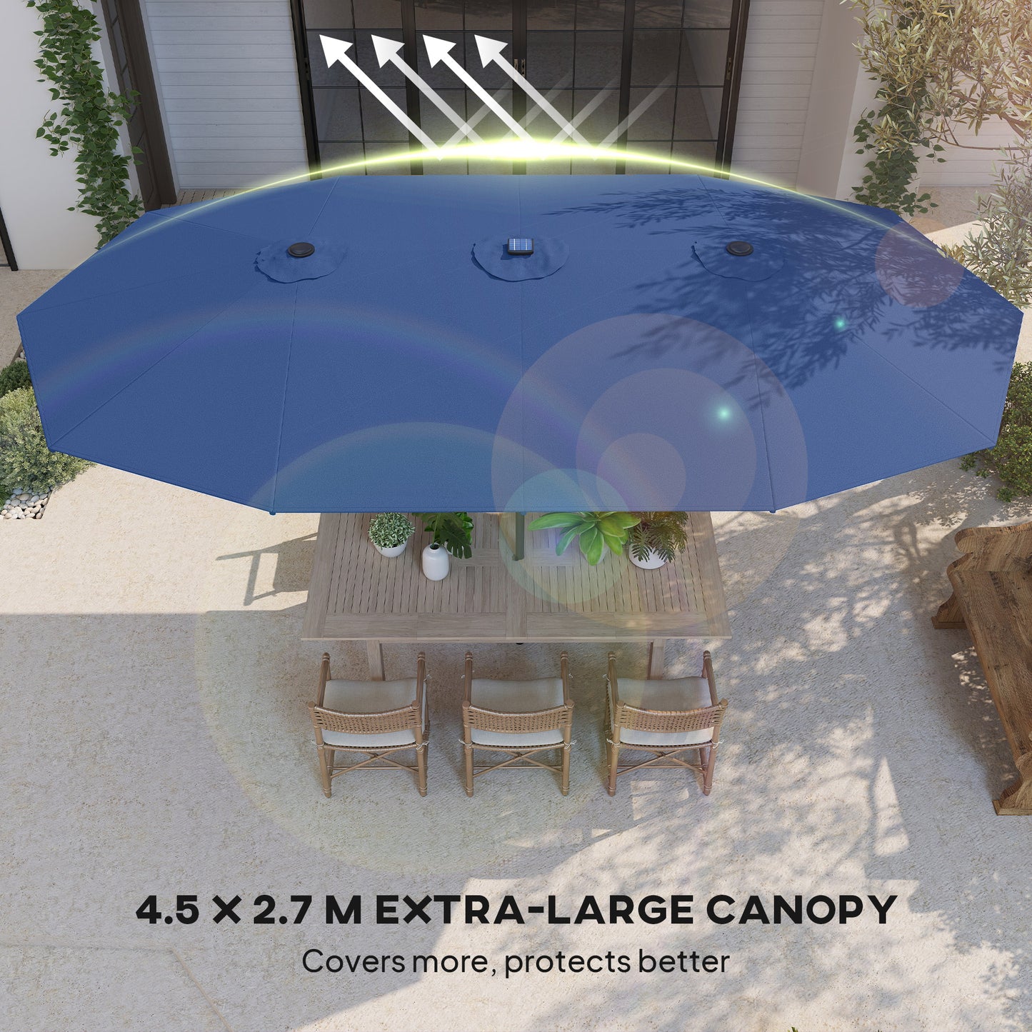 Large blue patio umbrella with an extra-large canopy over a dining table and chairs in a garden setting.