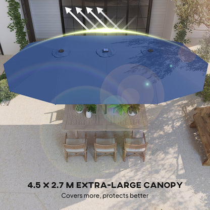 Large blue patio umbrella with an extra-large canopy over a dining table and chairs in a garden setting.